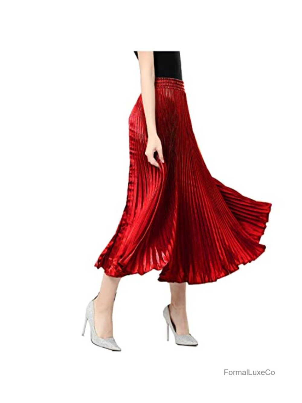 Women's Satin Metallic Pleated Midi Skirt A-Line Accordion Long Skirt